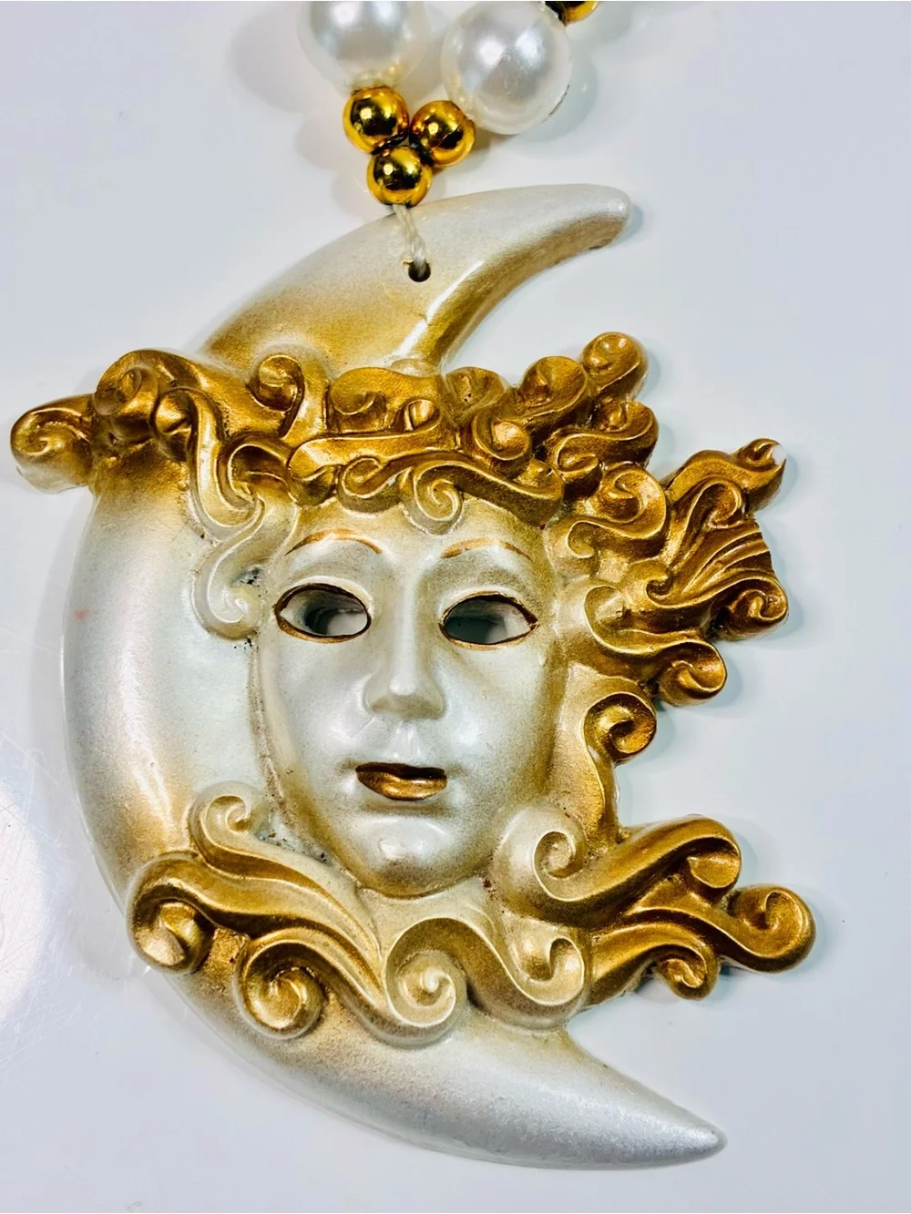 Venetian-Style Mardi Gras  White Pearl Bead Necklace with Gold Moon Mask Pendant
